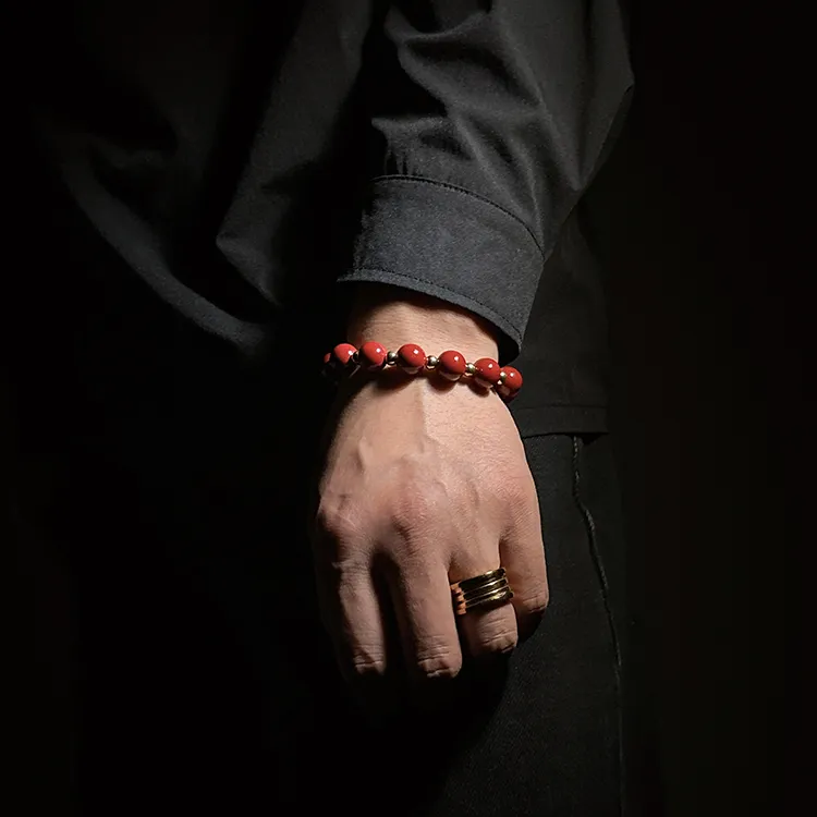 MOUNTAINS AND MANS Reconstructed Cinnabar Auspicious Fortune Beaded Bracelet Unisex-4