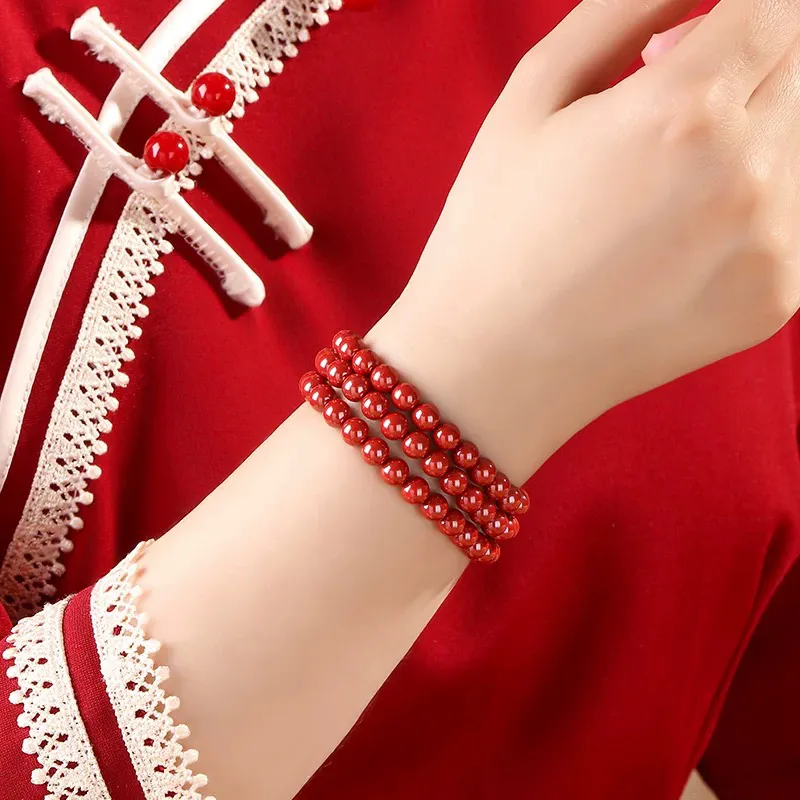 MOUNTAINS AND MANS Cinnabar New Chinese Style Multi Wrap Good Luck Beaded Bracelet Unisex-10