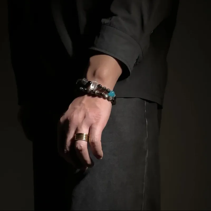 MOUNTAINS AND MANS Obsidian Double Wrap Layering Luxury Good Luck Beaded Bracelet Men's-6