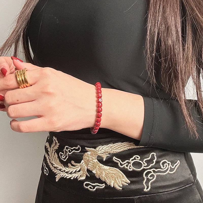 MOUNTAINS AND MANS Cinnabar New Chinese Style Vintage Good Luck Beaded Bracelet Unisex-7