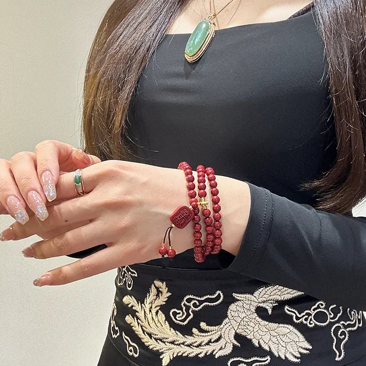 MOUNTAINS AND MANS Reconstructed Cinnabar Auspicious Fortune Beaded Bracelet Unisex-3