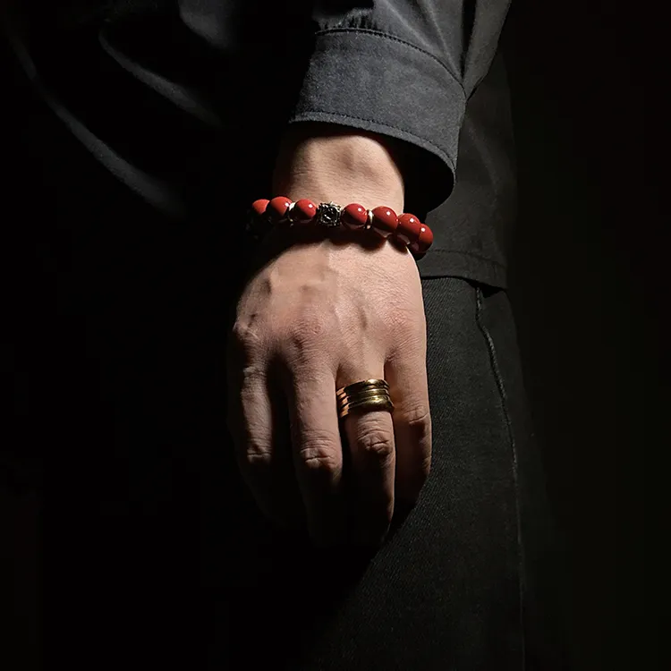 MOUNTAINS AND MANS Reconstructed Cinnabar Auspicious Fortune Beaded Bracelet Men's-4