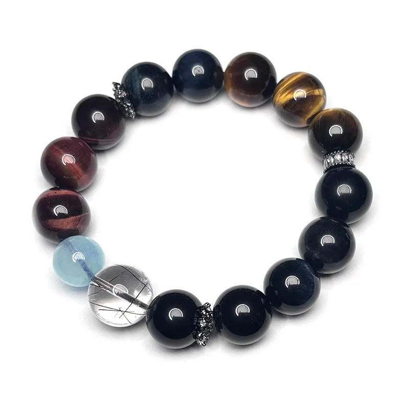 MOUNTAINS AND MANS Tiger's Eye Stone New Chinese Style Multi Gem Good Luck Beaded Bracelet Men's-4