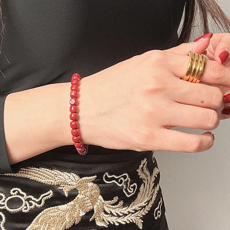 MOUNTAINS AND MANS Cinnabar New Chinese Style Vintage Good Luck Beaded Bracelet Unisex-6