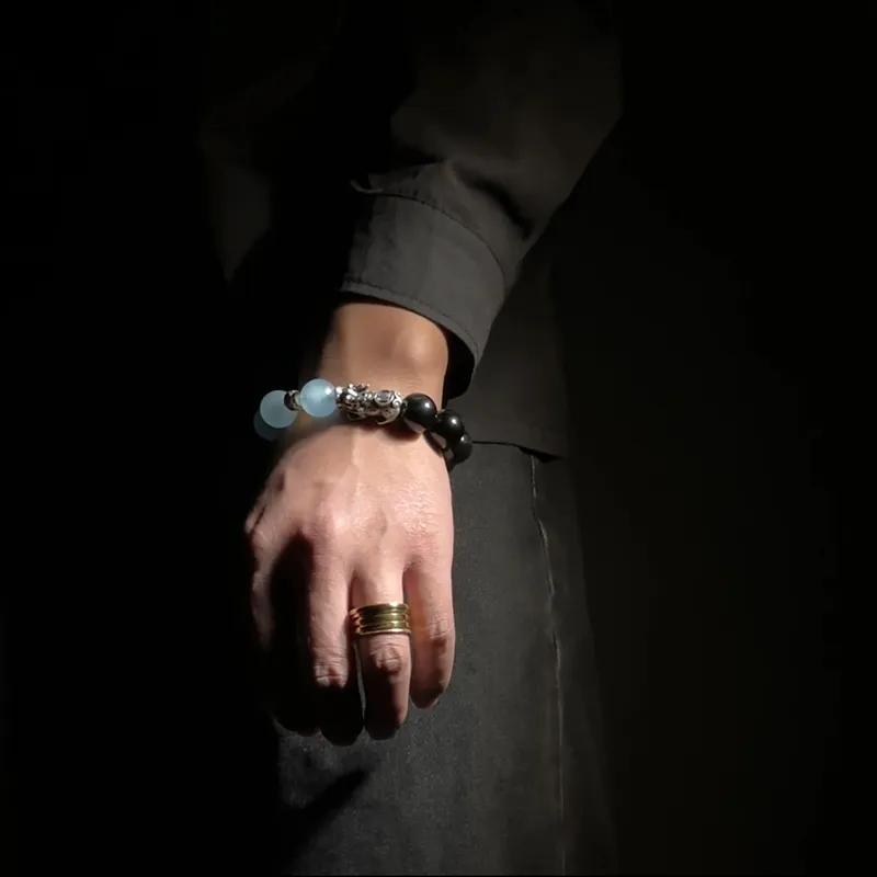 MOUNTAINS AND MANS Obsidian Luxury Good Luck Beaded Bracelet Men's-6
