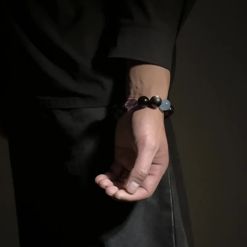MOUNTAINS AND MANS Natural Obsidian New Chinese Style Luxury Good Luck Beaded Bracelet Men's-5