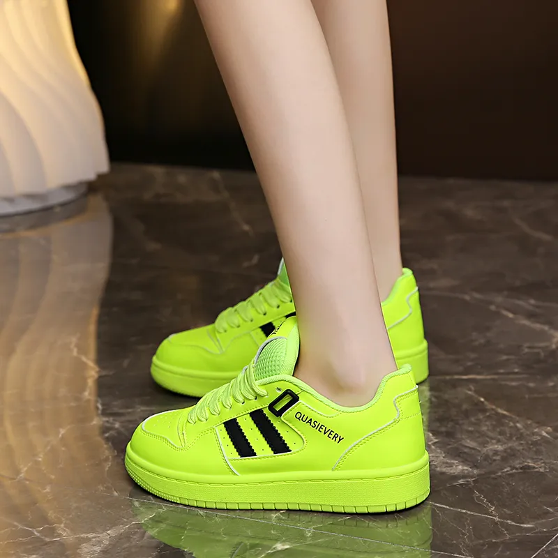 OBWA Anti Slip And Wear Resistant Lightweight Height Increasing Low Top Skateboard Shoes Women's Neon Green-2