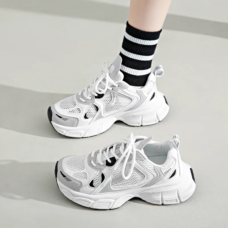OBWA Cushioning Anti Slip Wear Resistant Breathability Low Top Chunky Sneakers Women's White-4