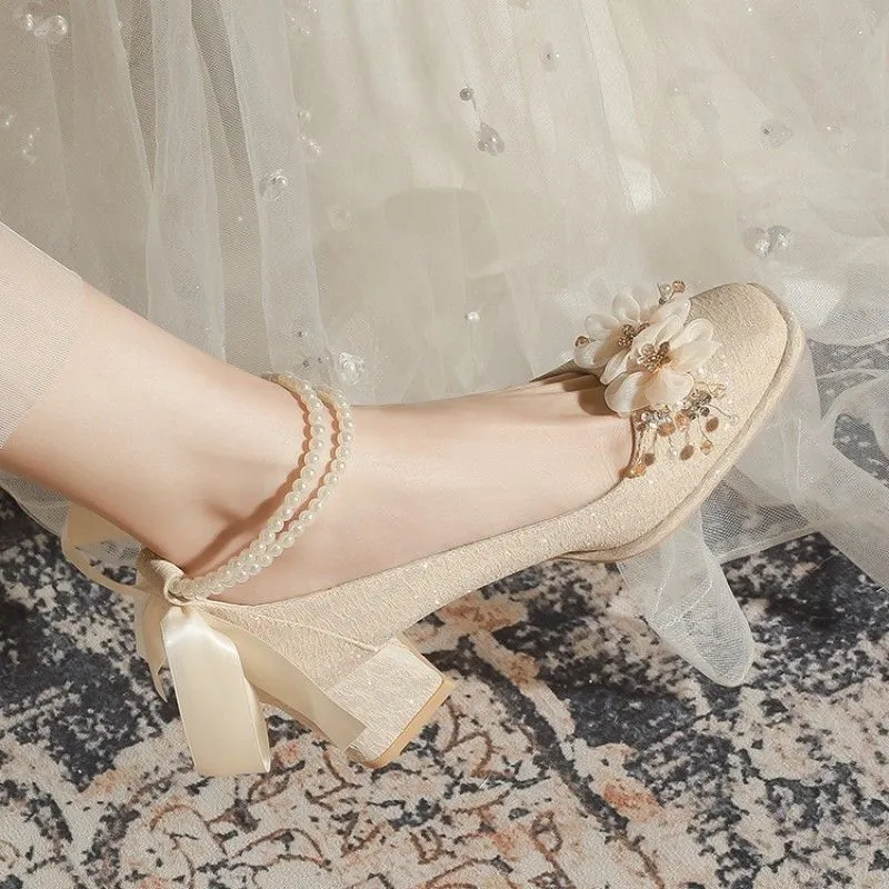 OBWA Chunky Heel High Heels 7CM Women's Champagne-2