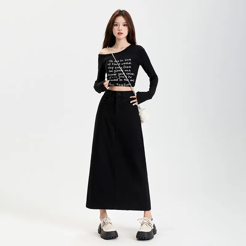 Wen Shan Denim Long Skirt Women's Black-5