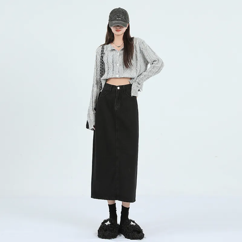 Wen Shan Denim Long Skirt Women's Black-2