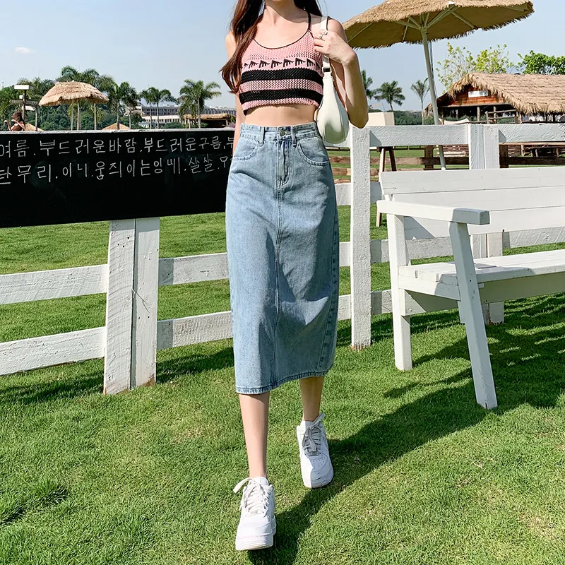 Wen Shan Denim Long Skirt Women's Light Blue-4