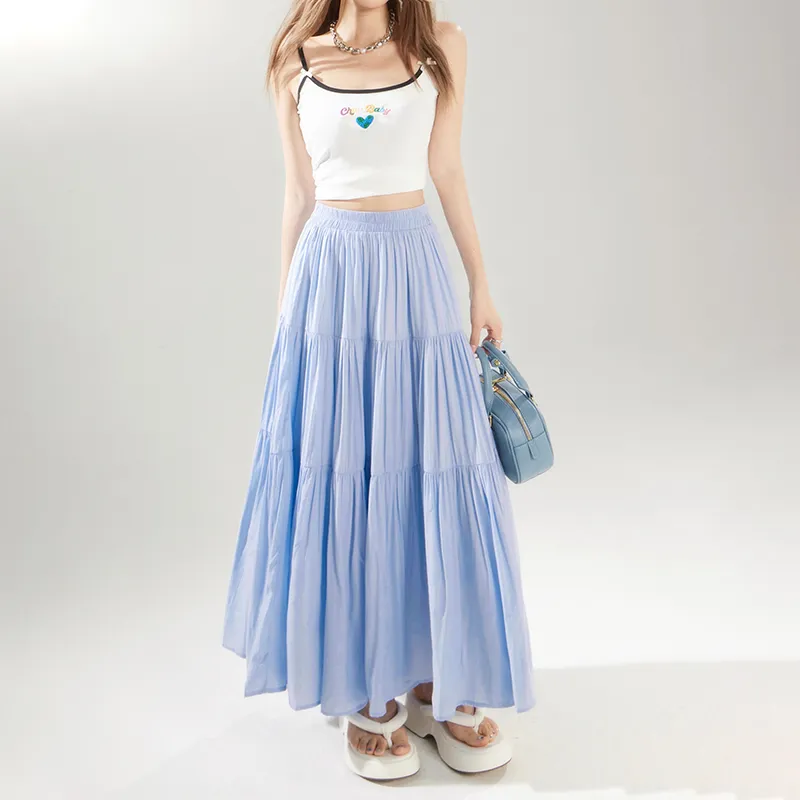 Wen Shan Casual Long Skirt Women's Light Blue-3