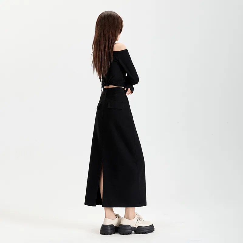Wen Shan Denim Long Skirt Women's Black-6