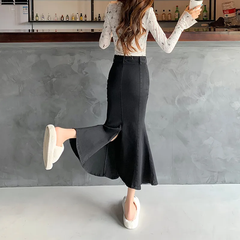 Wen Shan Denim Long Skirt Women's Black-4
