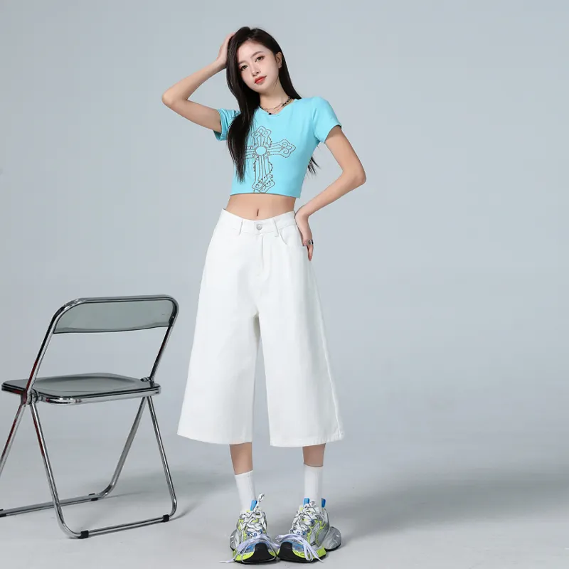Wen Shan Denim Shorts Women's White-3