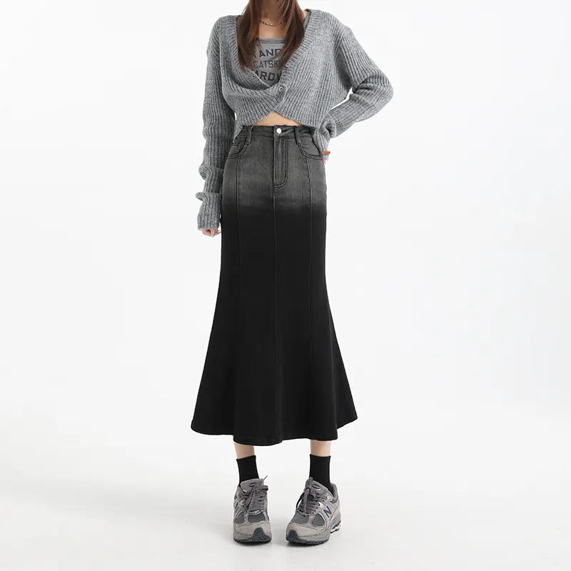 Wen Shan Denim Long Skirt Women's Gray Black-3