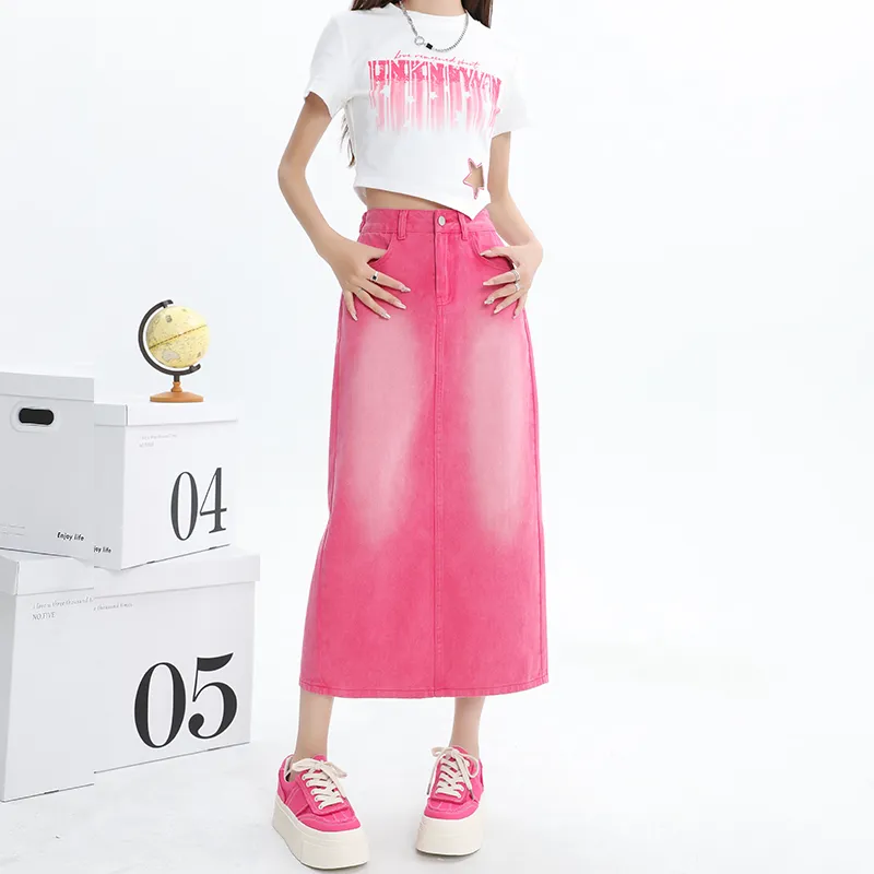 Wen Shan Denim Long Skirt Women's Rose Red-2