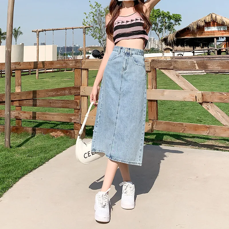 Wen Shan Denim Long Skirt Women's Light Blue-5