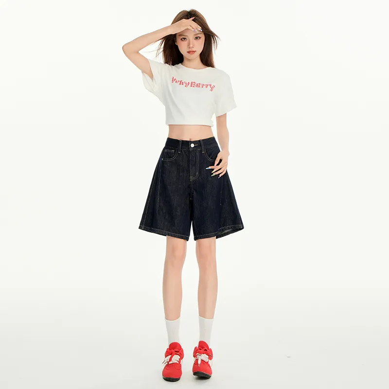 Wen Shan Denim Shorts Women's Denim Blue Knee Length Pants-2
