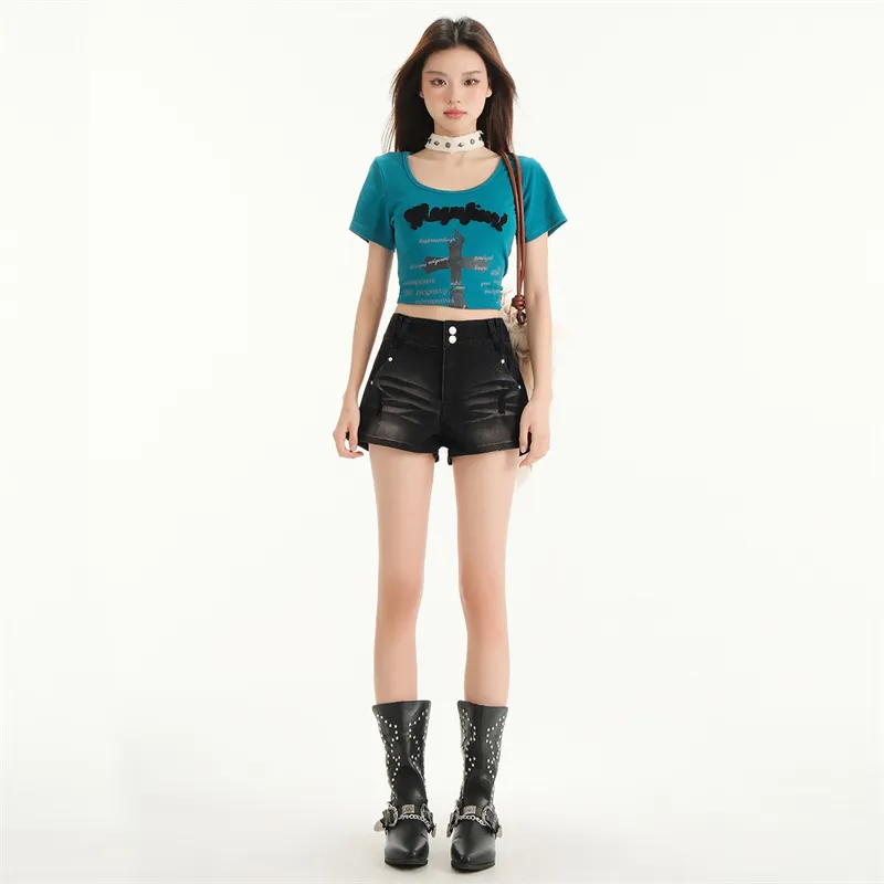 Wen Shan Denim Shorts Women's Black Gray-3