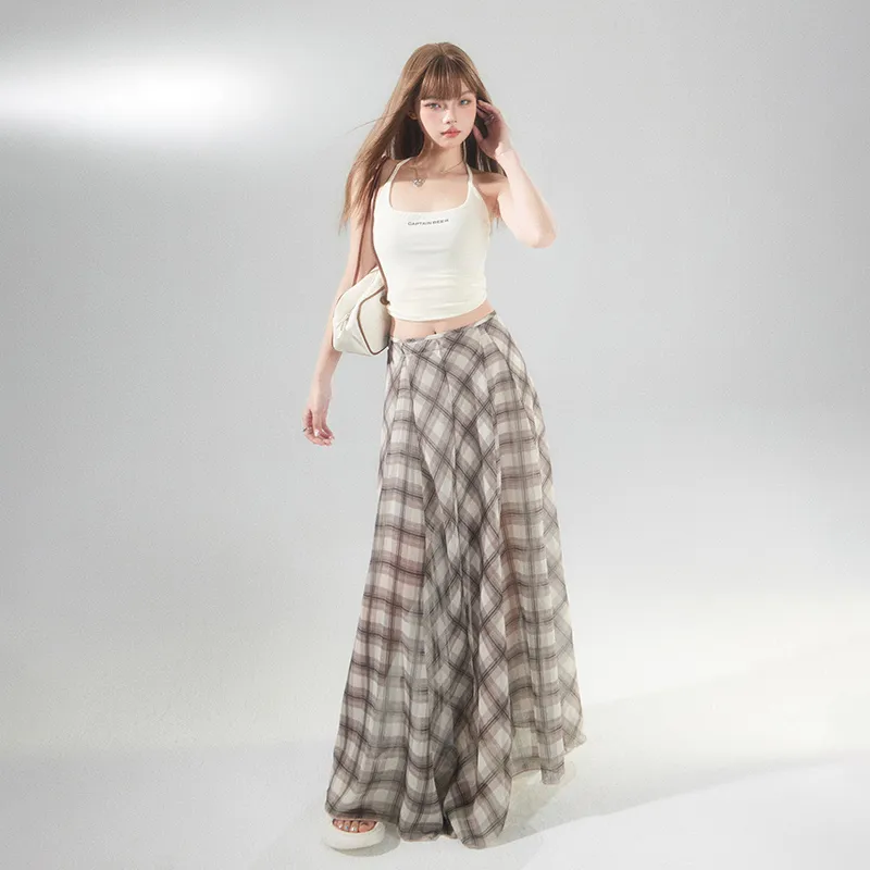 Wen Shan Casual Long Skirt Women's Brown Plaid-5
