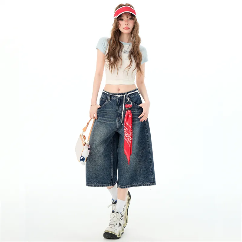 Wen Shan Denim Shorts Women's Vintage Blue Capri Pants-3