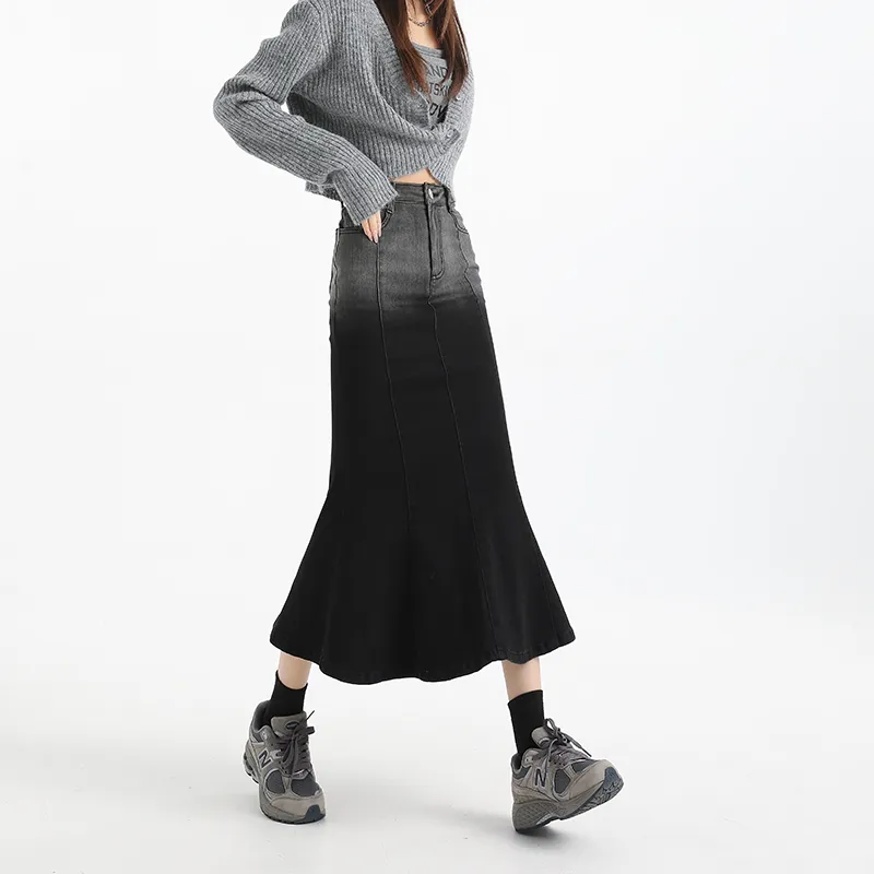 Wen Shan Denim Long Skirt Women's Gray Black-2