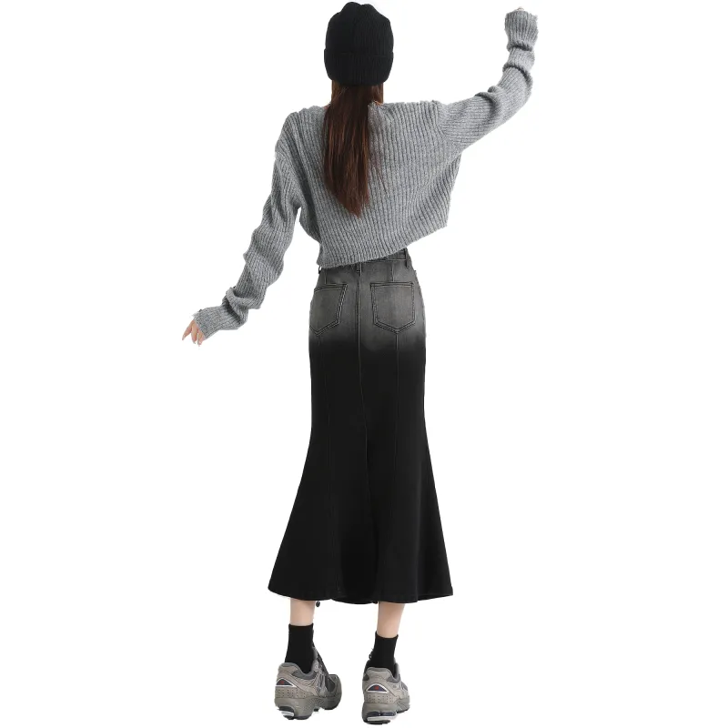 Wen Shan Denim Long Skirt Women's Gray Black-1