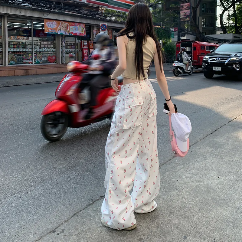Wen Shan Casual Pants Women's White Small Floral Pattern-3