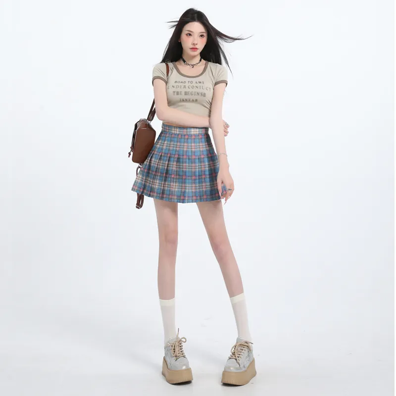 Wen Shan Casual Short Skirts Women's Blue Gray Plaid-3