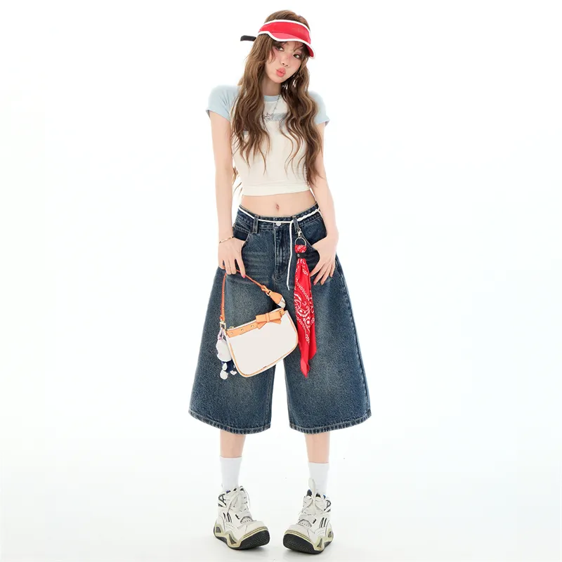 Wen Shan Denim Shorts Women's Vintage Blue Capri Pants-2