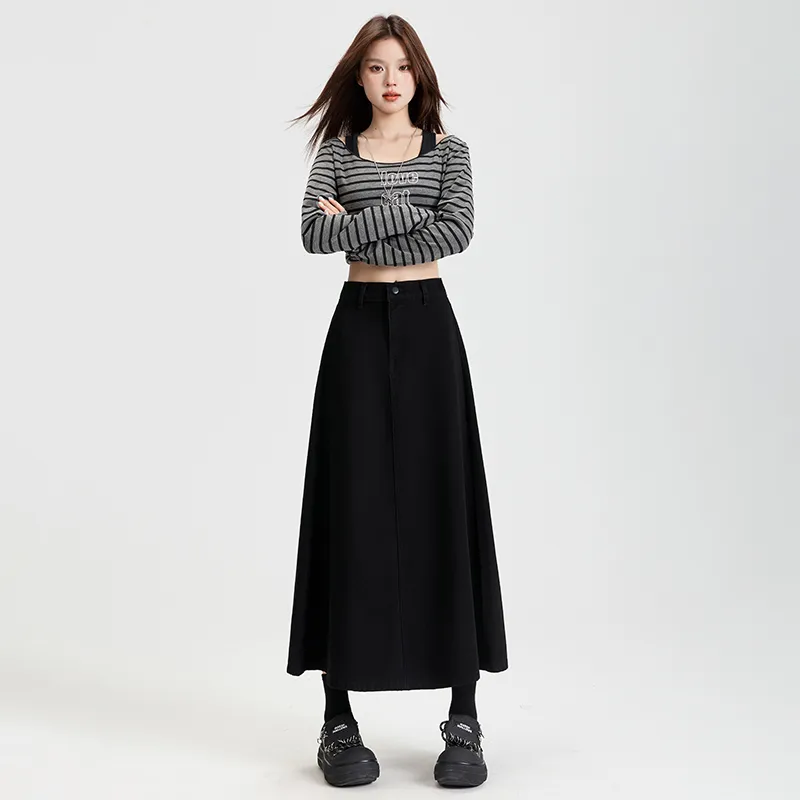 Wen Shan Denim Long Skirt Women's Black-2