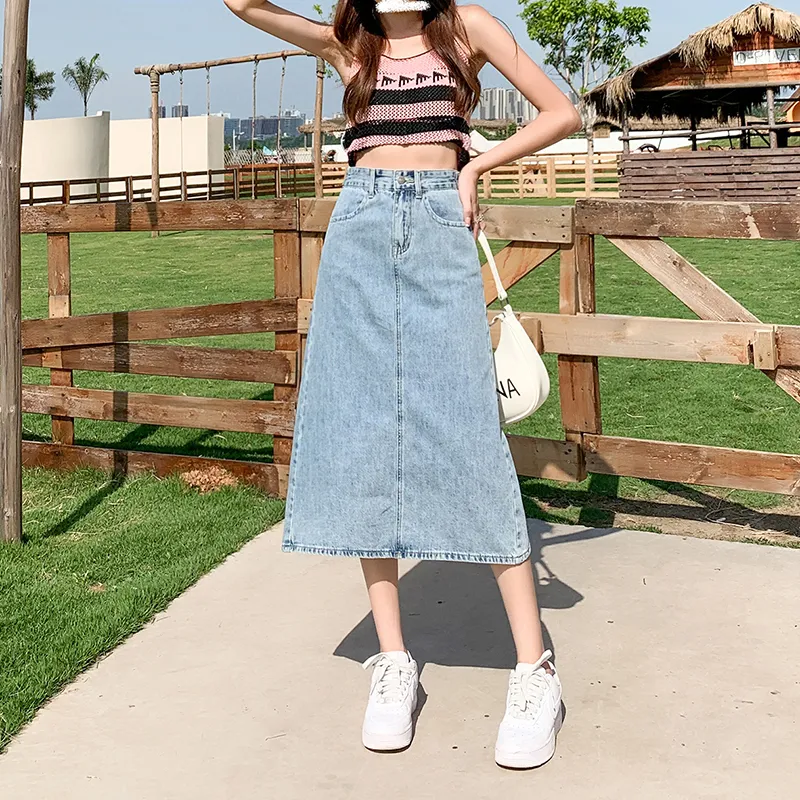 Wen Shan Denim Long Skirt Women's Light Blue-2