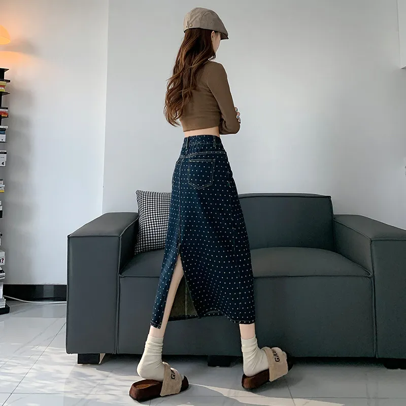 Wen Shan Denim Long Skirt Women's Nostalgic Blue-6