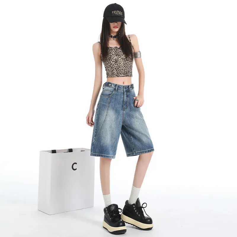 Wen Shan Denim Shorts Women's Vintage Blue Knee Length Pants-3