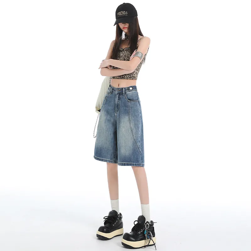Wen Shan Denim Shorts Women's Vintage Blue Knee Length Pants-4