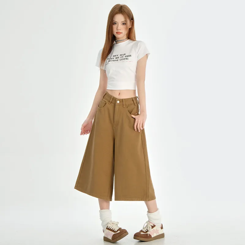 Wen Shan Denim Shorts Women's Khaki Capri Pants-5