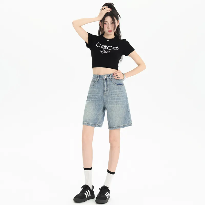 Wen Shan Denim Shorts Women's Light Blue Knee Length Pants-2