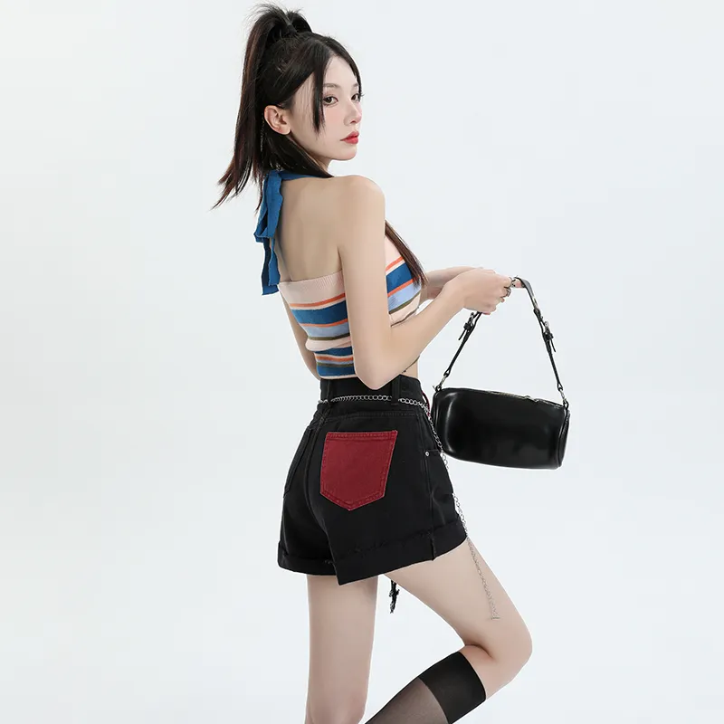 Wen Shan Denim Shorts Women's Black With Belt-5