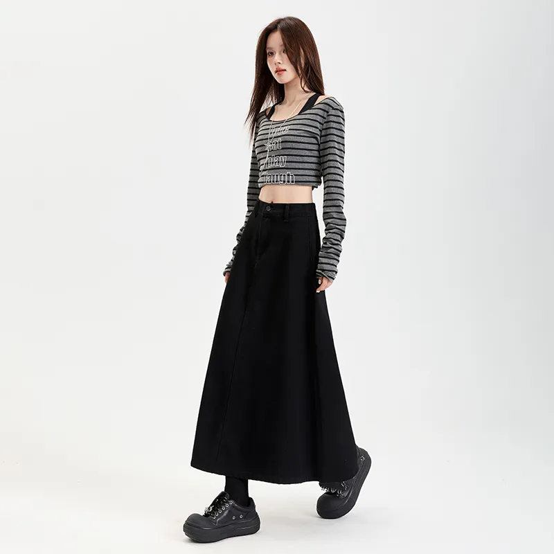 Wen Shan Denim Long Skirt Women's Black-4