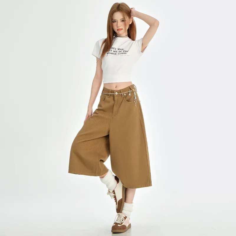 Wen Shan Denim Shorts Women's Khaki Capri Pants-4