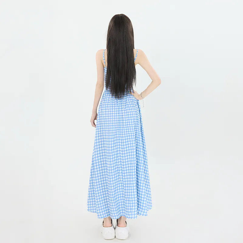 Wen Shan Slip Dress Women's Blue White Plaid-6