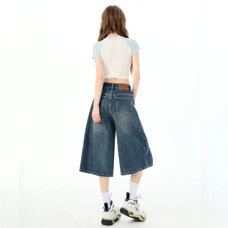 Wen Shan Denim Shorts Women's Vintage Blue Capri Pants-5