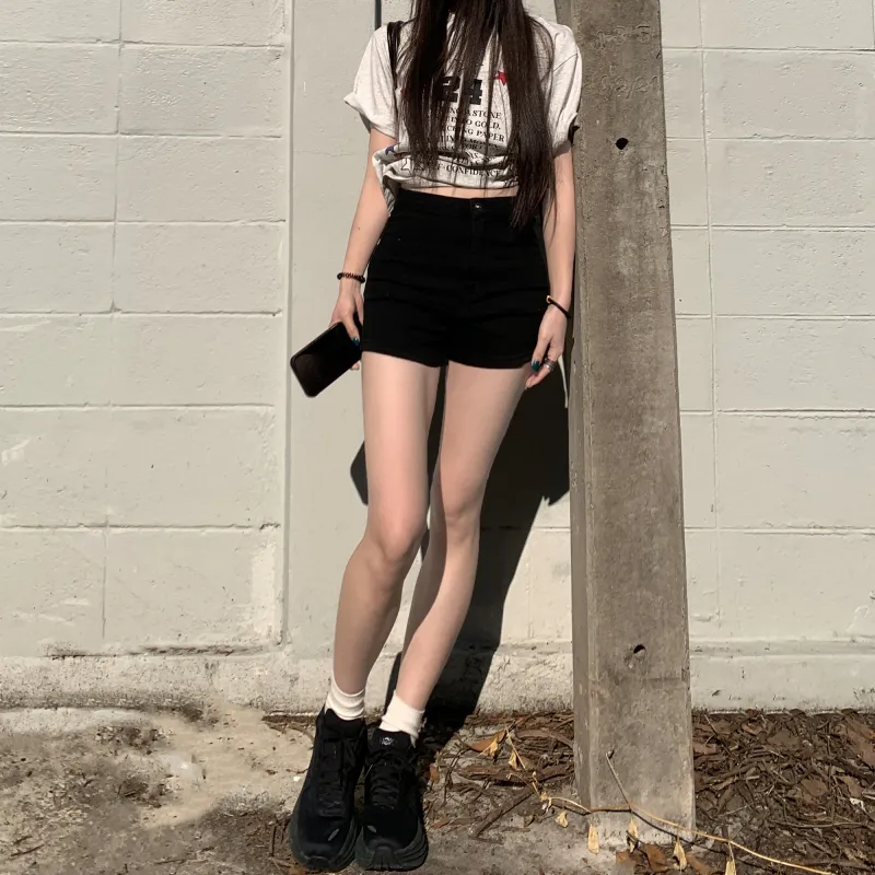 Wen Shan Denim Shorts Women's Black High Elasticity Version-3