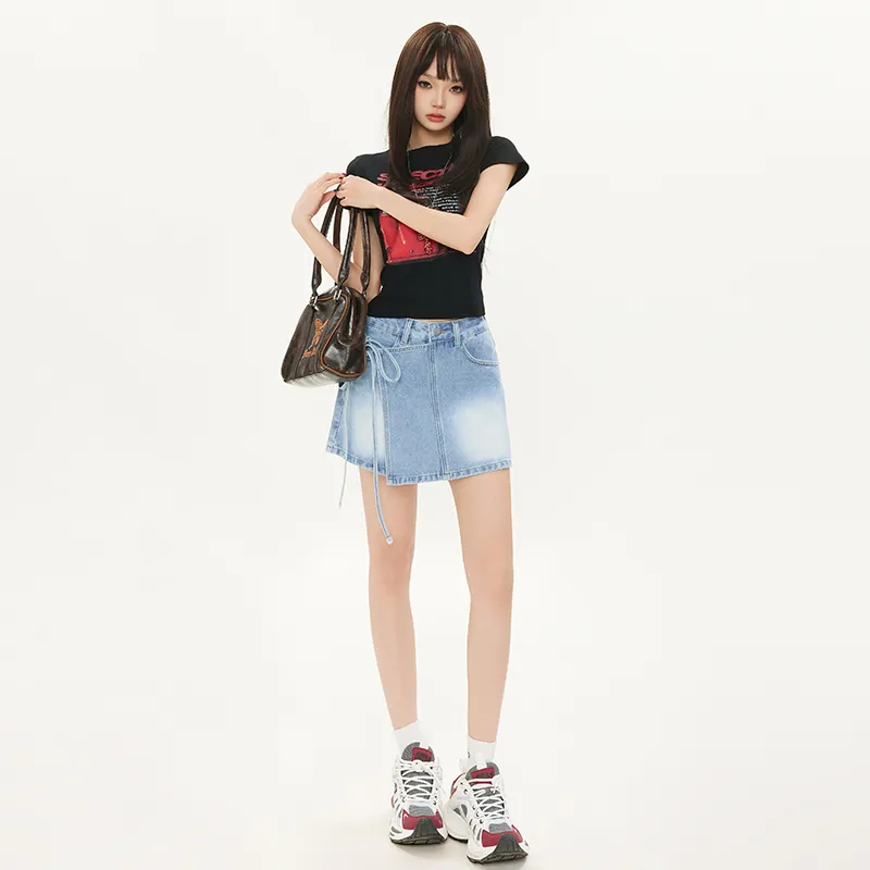 Wen Shan Denim Short Skirts Women's Light Blue-4