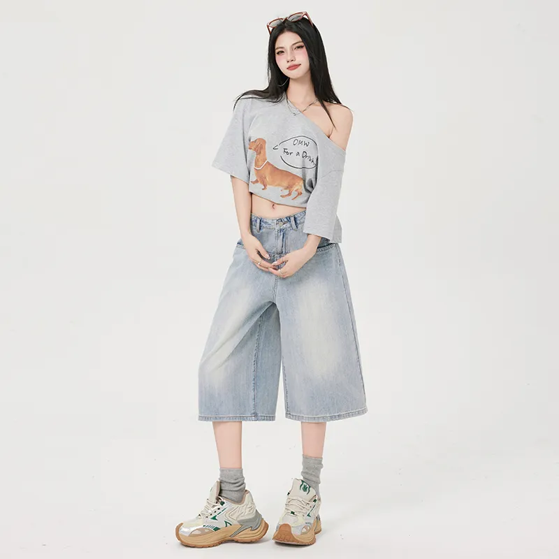 Wen Shan Denim Shorts Women's Light Blue Capri Pants-5