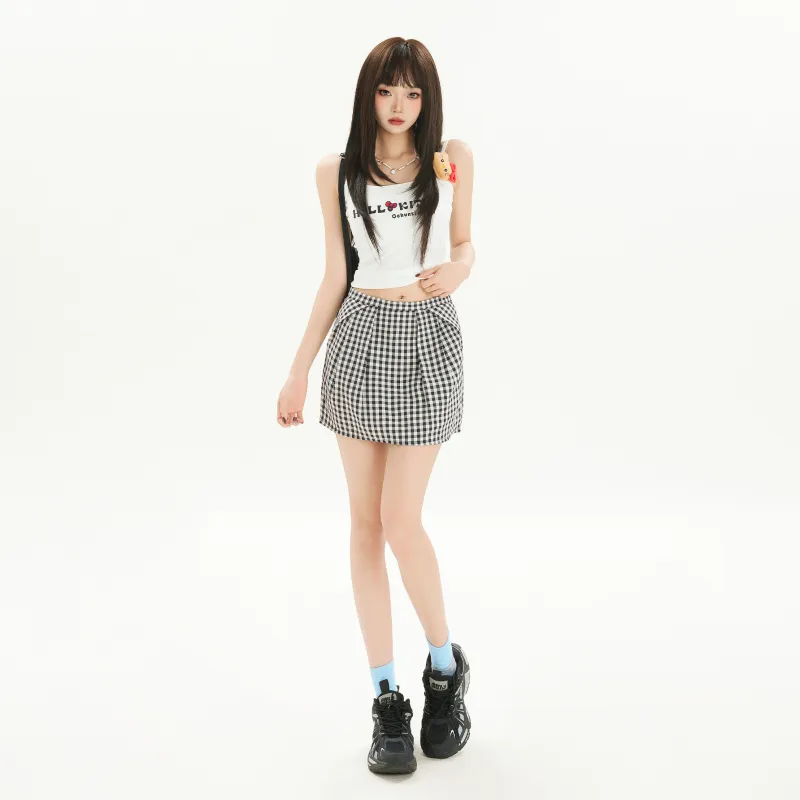 Wen Shan Casual Short Skirts Women's Black White Plaid-6