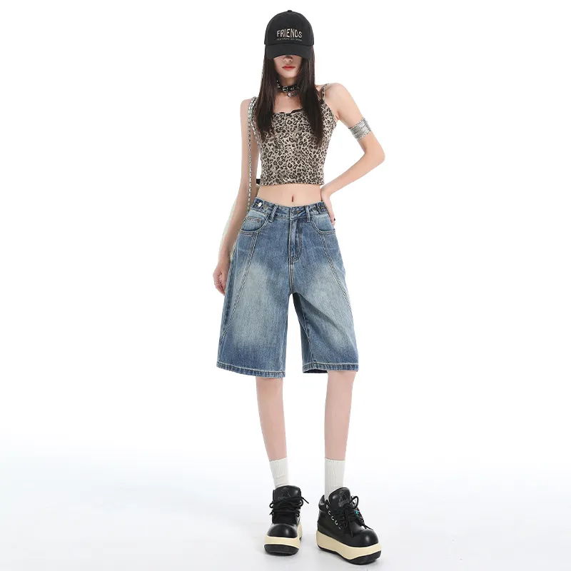 Wen Shan Denim Shorts Women's Vintage Blue Knee Length Pants-2