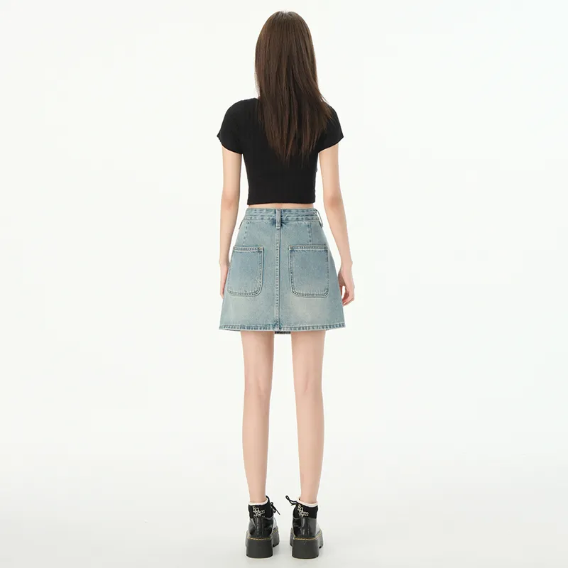 Wen Shan Denim Short Skirts Women's Vintage Blue-5